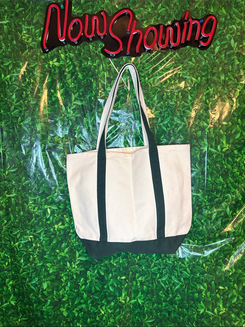 Canvas Tote Bag with Dark Green Trim - Women Bags